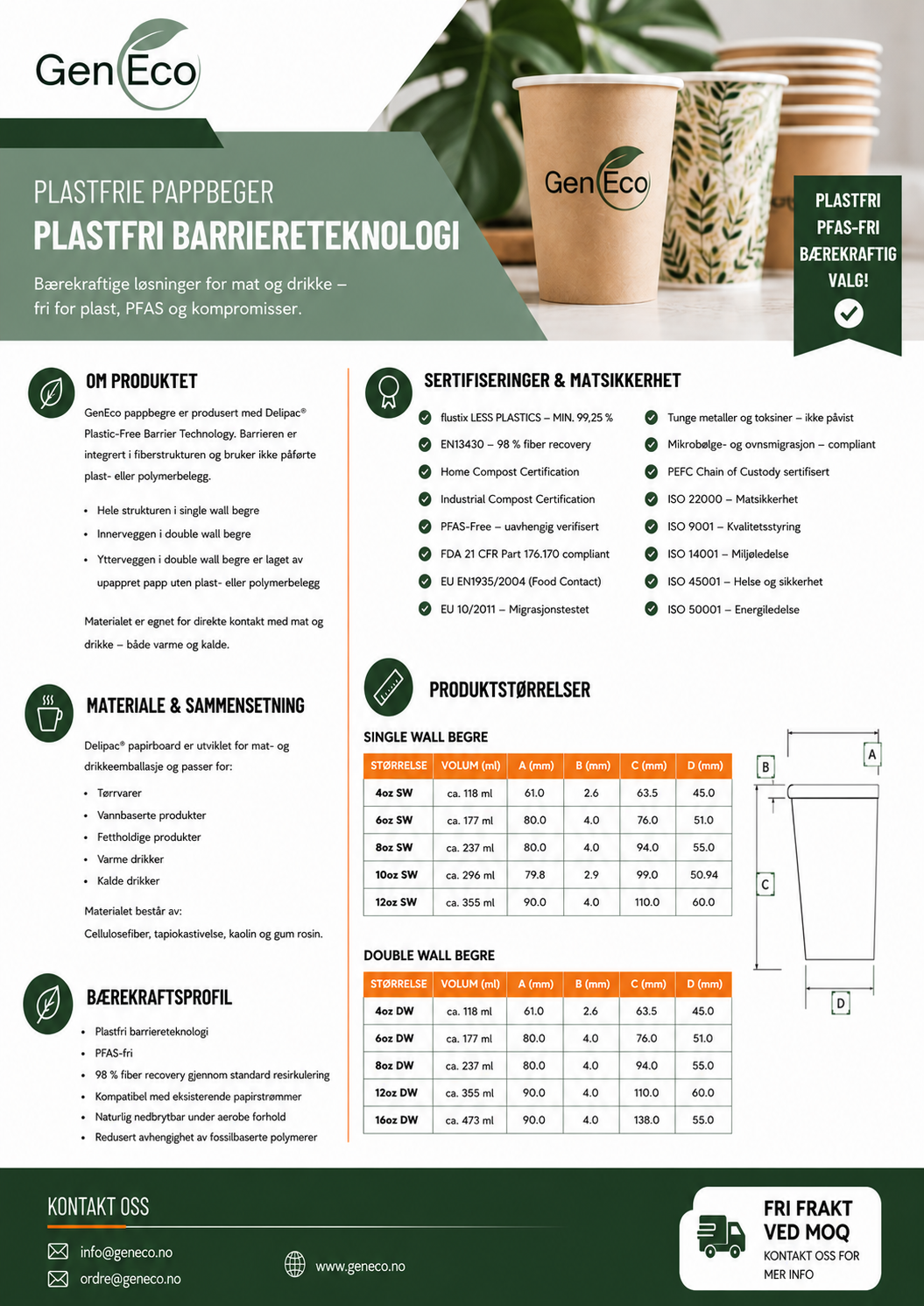 GenEco branded paper cups shown in the supplier product sheet