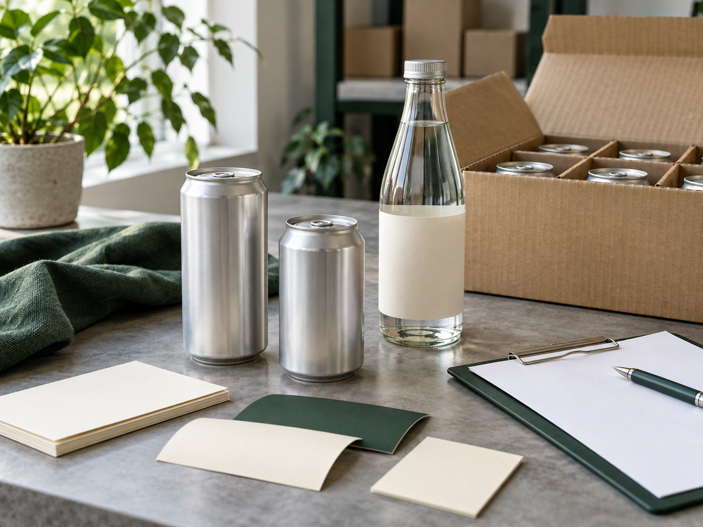 Unbranded beverage cans, a glass bottle and blank label samples beside a shipping carton and clipboard.