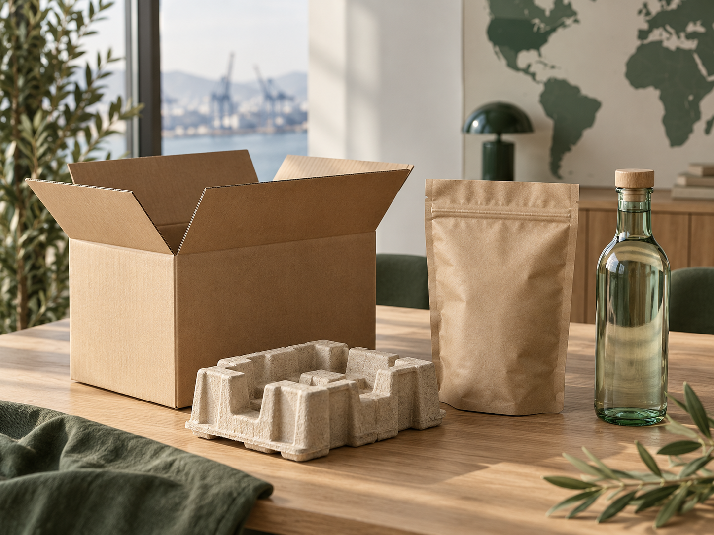 Unbranded cardboard box, kraft pouch, moulded paper insert and glass bottle for an international packaging review.