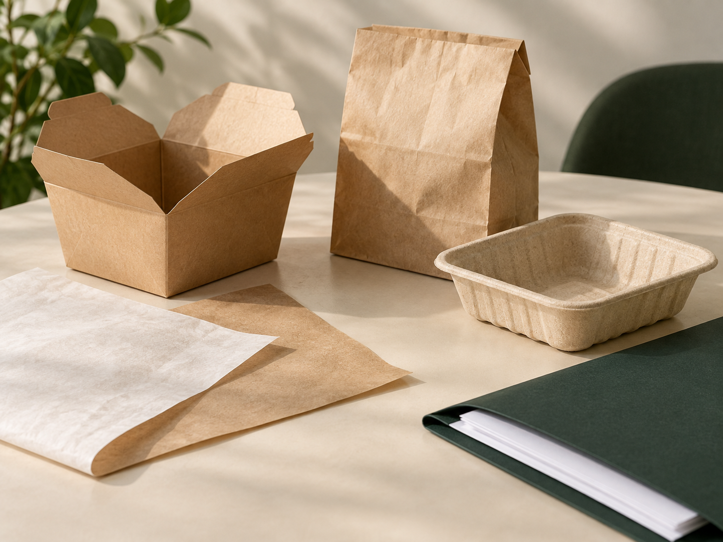 Unbranded kraft carton, paper bag, fibre tray and paper sheets beside a dark green document folder.