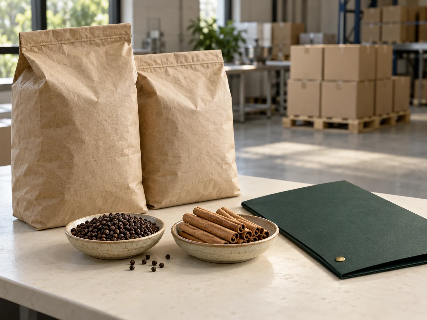 Bowls of cinnamon quills and black pepper beside plain kraft bags and a green document folder, with cartons in the background.