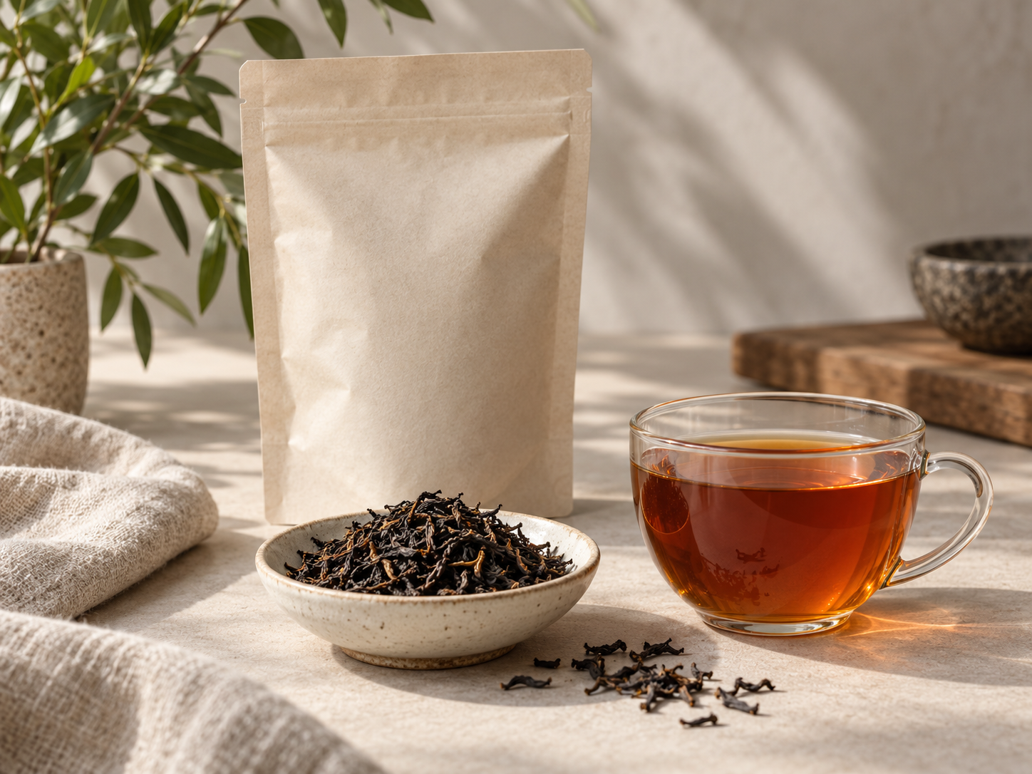 Loose black tea, brewed tea and an unbranded packaging sample for a private label sourcing project.