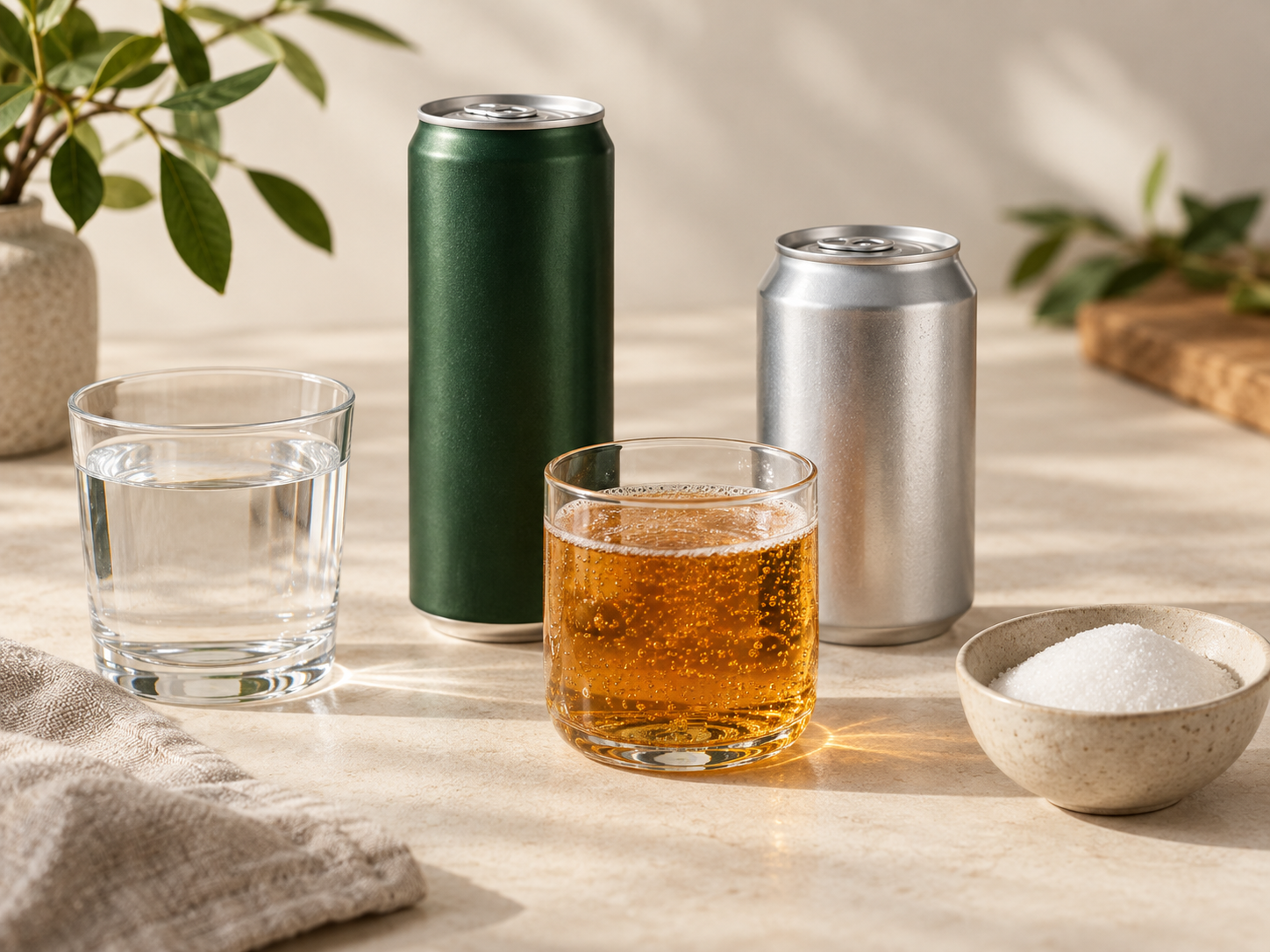 Two unbranded beverage cans beside glasses of water and an amber drink, with a small bowl of sugar.