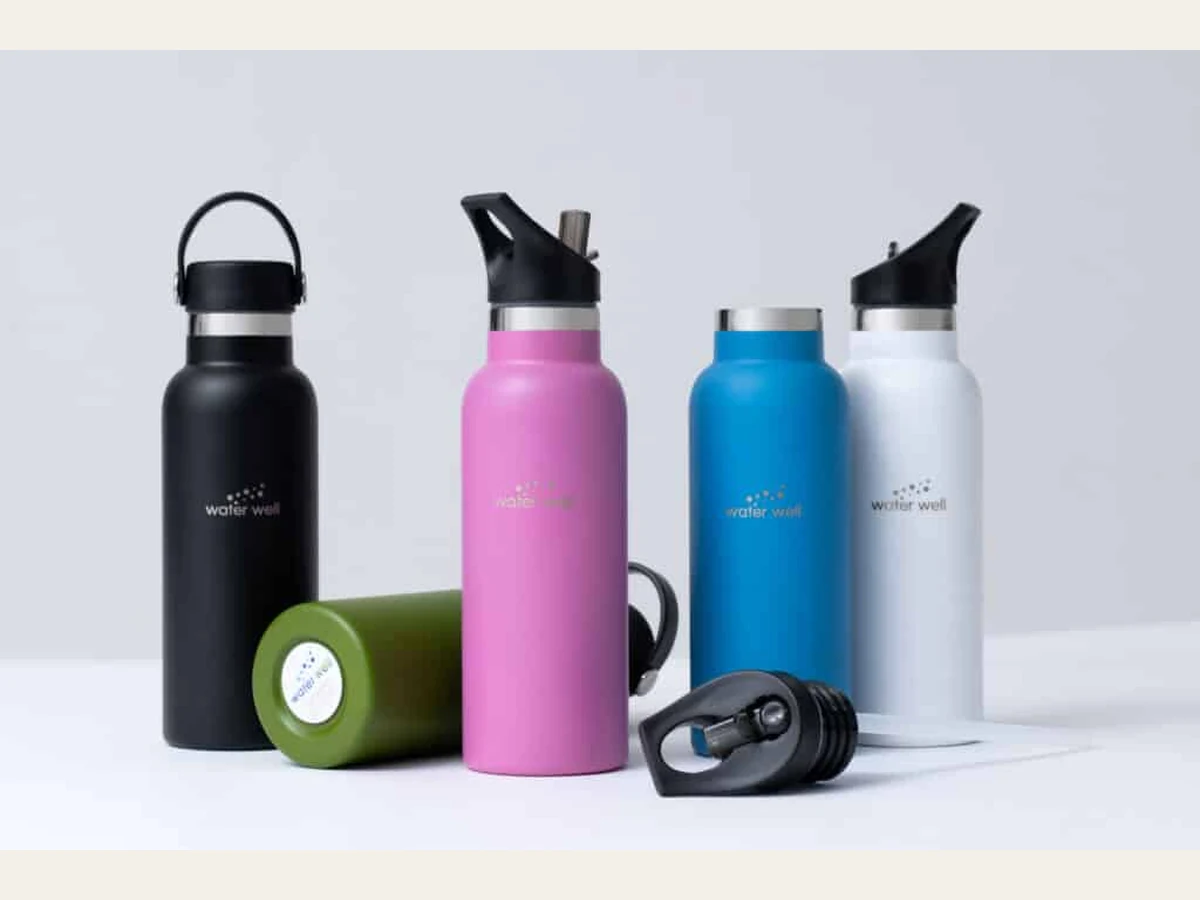 Waterwell reusable stainless-steel bottles in different colours.